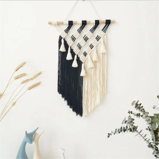 Black and white macrame wall hanging