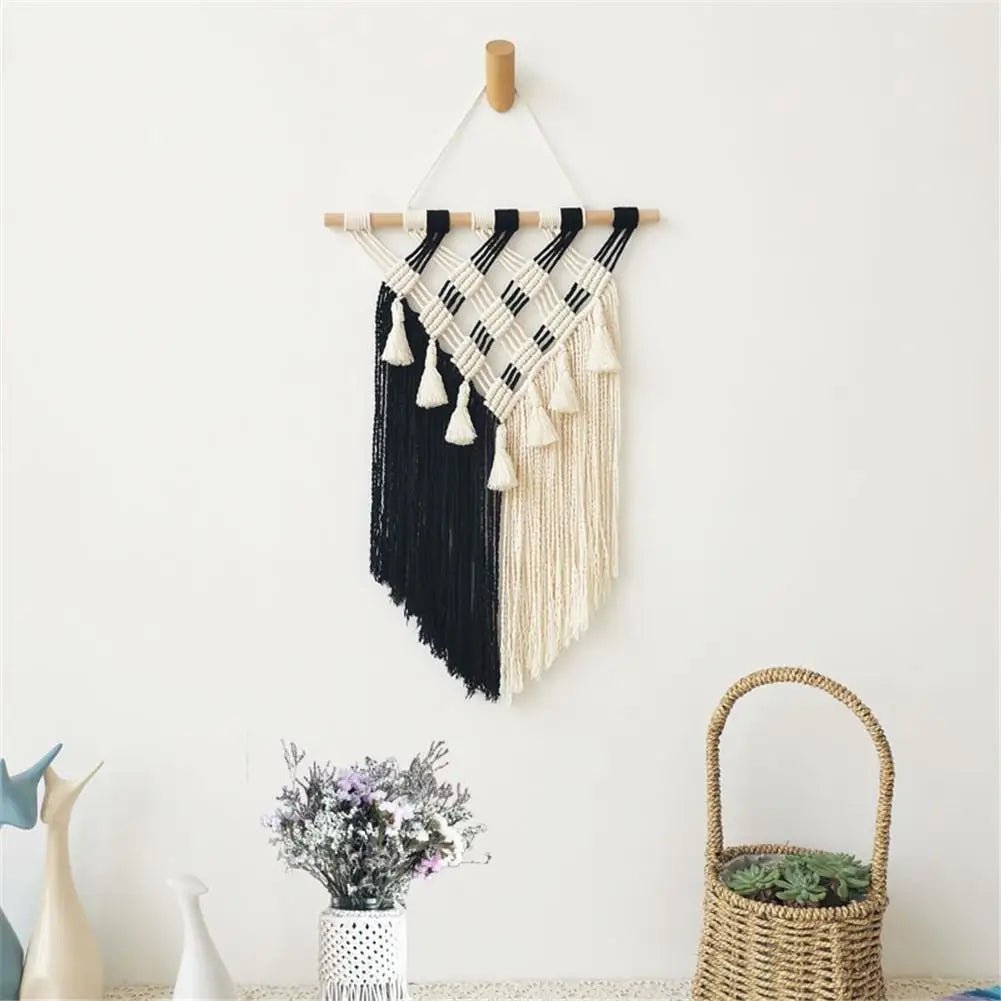 Black and white macrame wall hanging