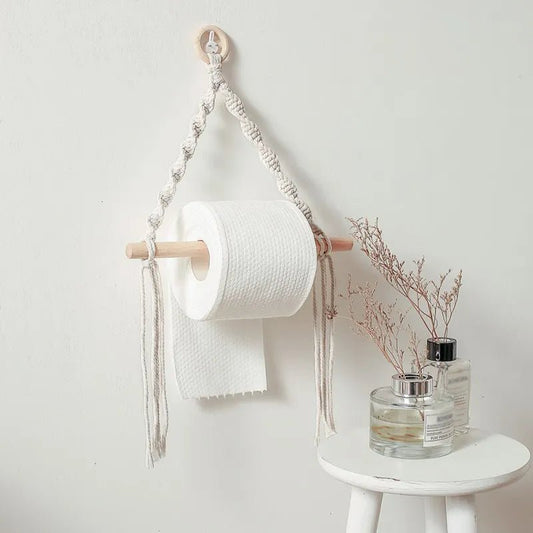 Macrame pompom toilet paper holder