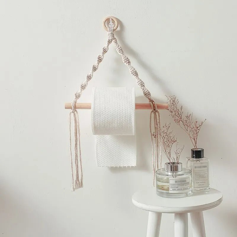 Macrame pompom toilet paper holder