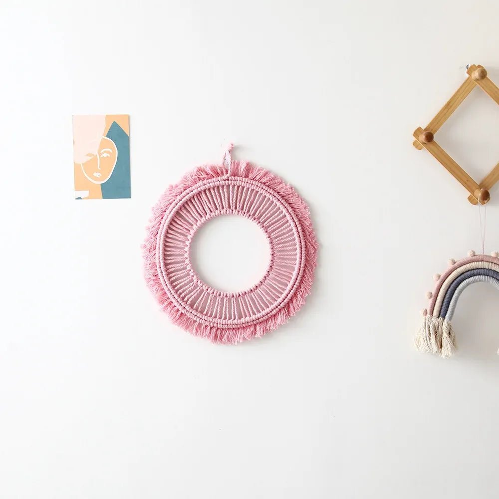 Pink macrame mirror