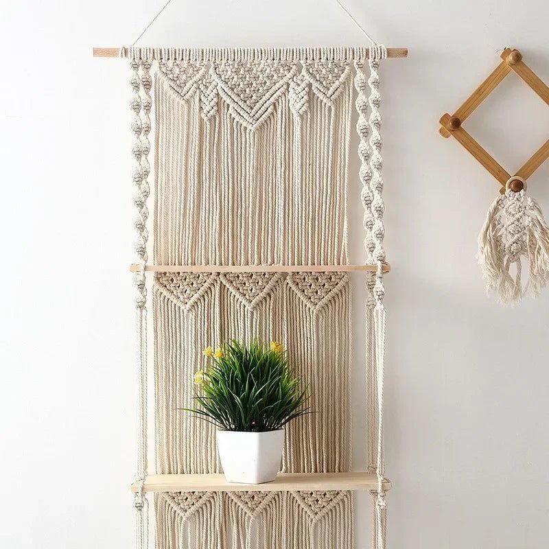 Triple macrame wall shelf