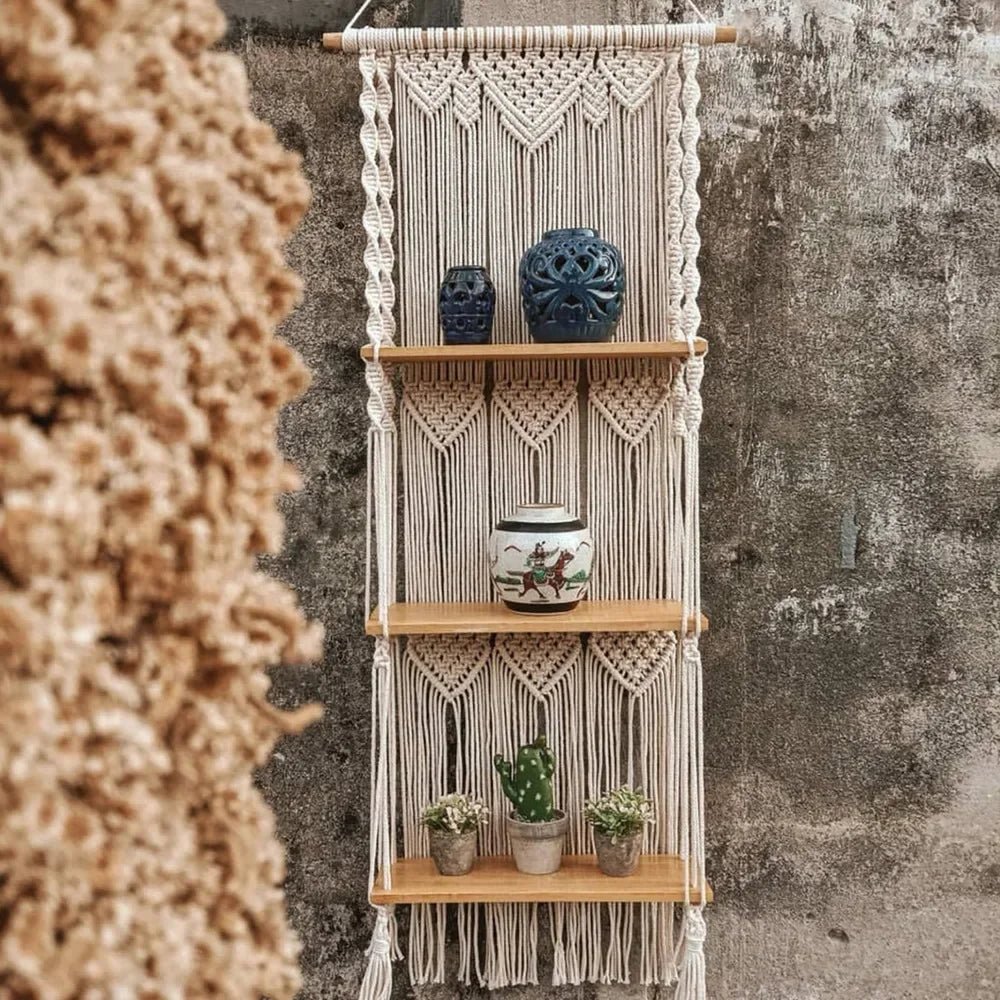 Triple macrame wall shelf