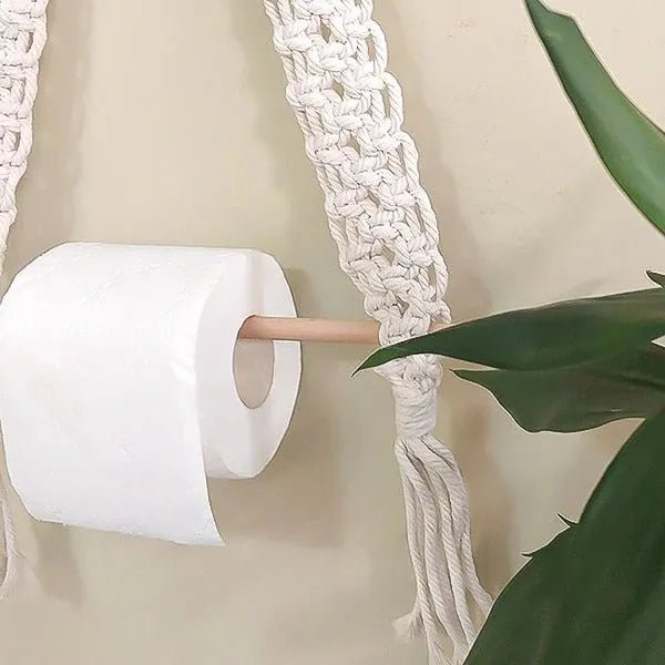 Woven macrame toilet paper holder