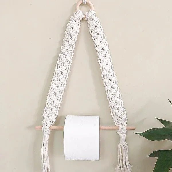 Woven macrame toilet paper holder